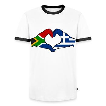 South Africa Greece Flag Hands Heart Shape - Men's Ringer Shirt - white/black - Front - AI Model Female 172 light (172cm) & AI Model Male 178 dark (178cm)