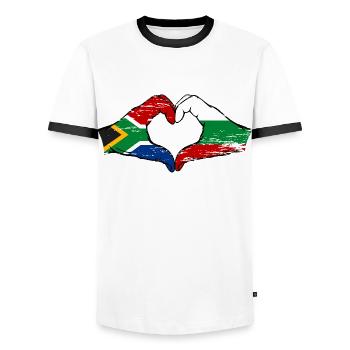 Afrique du Sud Bulgarie Drapeau Mains Coeur Forme Utilisé - T-shirt contrasté Homme - blanc/noir - Devant - AI Model Female 172 light (172cm) & AI Model Male 178 dark (178cm)