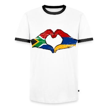Afrique du Sud Arménie drapeau mains forme de coeur utilisé - T-shirt contrasté Homme - blanc/noir - Devant - AI Model Female 172 light (172cm) & AI Model Male 178 dark (178cm)