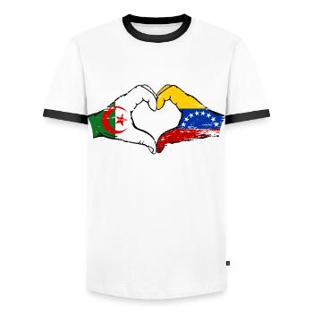 Algeria Venezuela Flag Hands Heart Shape Used - Men's Ringer Shirt - white/black - Front - AI Model Female 172 light (172cm) & AI Model Male 178 dark (178cm)