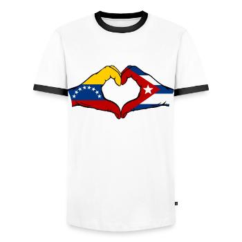 Venezuela Cuba Flag Hands Heart Shape - Men's Ringer Shirt - white/black - Front - AI Model Female 172 light (172cm) & AI Model Male 178 dark (178cm)