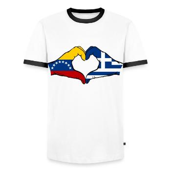 Venezuela Greece Flag Hands Heart Shape - Men's Ringer Shirt - white/black - Front - AI Model Female 172 light (172cm) & AI Model Male 178 dark (178cm)
