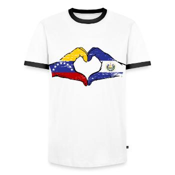 Venezuela El Salvador Flag Hands Heart Shape Used - Men's Ringer Shirt - white/black - Front - AI Model Female 172 light (172cm) & AI Model Male 178 dark (178cm)