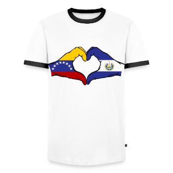 Venezuela El Salvador Drapeau Mains Coeur Forme - T-shirt contrasté Homme - blanc/noir - Devant - AI Model Female 172 light (172cm) & AI Model Male 178 dark (178cm)