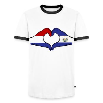 Holland El Salvador Flag Hands Heart Shape - Men's Ringer Shirt - white/black - Front - AI Model Female 172 light (172cm) & AI Model Male 178 dark (178cm)
