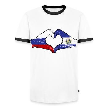 Russie El Salvador Drapeau Mains Coeur Forme Utilisé - T-shirt contrasté Homme - blanc/noir - Devant - AI Model Female 172 light (172cm) & AI Model Male 178 dark (178cm)
