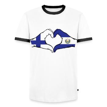 Finlande El Salvador Drapeau Mains Coeur Forme - T-shirt contrasté Homme - blanc/noir - Devant - AI Model Female 172 light (172cm) & AI Model Male 178 dark (178cm)