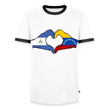Nicaragua Venezuela Flag Hands Heart Shape - Men's Ringer Shirt - white/black - Front - AI Model Female 172 light (172cm) & AI Model Male 178 dark (178cm)