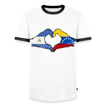 Nicaragua Venezuela flag hands heart shape used - Men's Ringer Shirt - white/black - Front - AI Model Female 172 light (172cm) & AI Model Male 178 dark (178cm)
