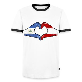 Nicaragua Austria Flag Hands Heart Shape Used - Men's Ringer Shirt - white/black - Front - AI Model Female 172 light (172cm) & AI Model Male 178 dark (178cm)