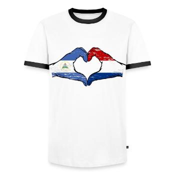 Nicaragua Hollande Drapeau Mains Coeur Forme Utilisé - T-shirt contrasté Homme - blanc/noir - Devant - AI Model Female 172 light (172cm) & AI Model Male 178 dark (178cm)