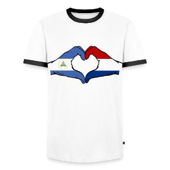 Nicaragua Holland Flag Hands Heart Shape - Men's Ringer Shirt - white/black - Front - AI Model Female 172 light (172cm) & AI Model Male 178 dark (178cm)