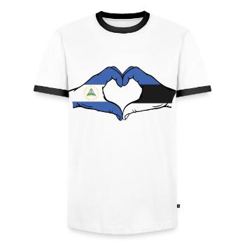 Nicaragua Estland Flagge Hände Herzform - Männer Kontrast-T-Shirt - Weiß/Schwarz - Vorne - AI Model Female 172 light (172cm) & AI Model Male 178 dark (178cm)