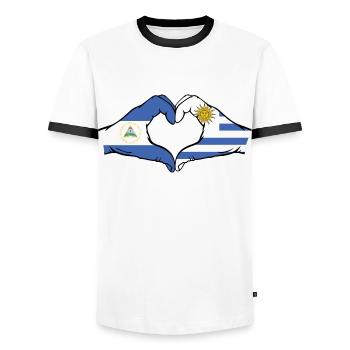 Nicaragua Uruguay Flag Hands Heart Shape - Men's Ringer Shirt - white/black - Front - AI Model Female 172 light (172cm) & AI Model Male 178 dark (178cm)