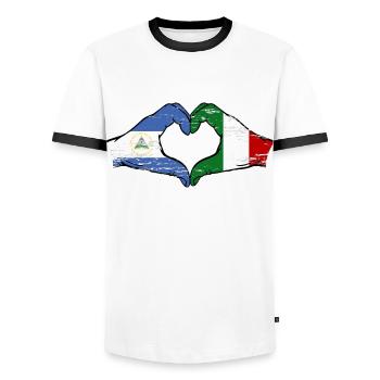 Nicaragua Italy Flag Hands Heart Shape Used - Men's Ringer Shirt - white/black - Front - AI Model Female 172 light (172cm) & AI Model Male 178 dark (178cm)