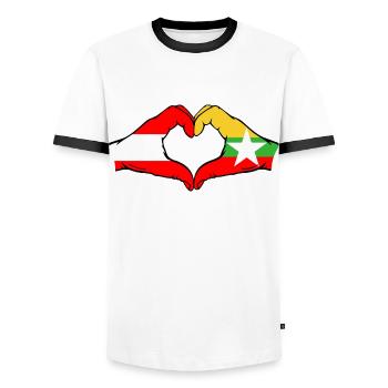 Austria Myanmar Flag Hands Heart Shape - Men's Ringer Shirt - white/black - Front - AI Model Female 172 light (172cm) & AI Model Male 178 dark (178cm)