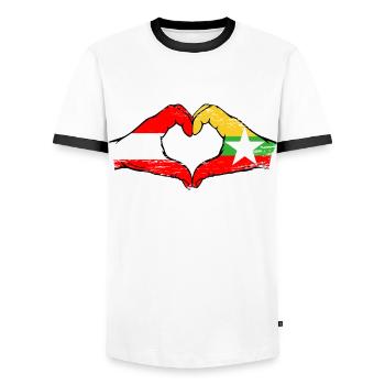 Autriche Myanmar drapeau mains forme de coeur utilisé - T-shirt contrasté Homme - blanc/noir - Devant - AI Model Female 172 light (172cm) & AI Model Male 178 dark (178cm)