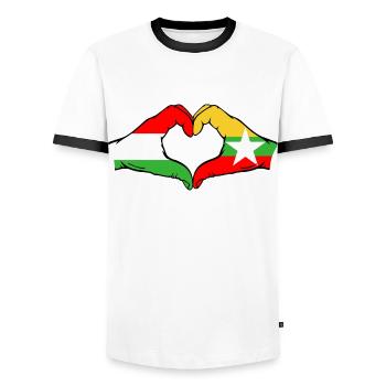 Hungary Myanmar Flag Hands Heart Shape - Men's Ringer Shirt - white/black - Front - AI Model Female 172 light (172cm) & AI Model Male 178 dark (178cm)
