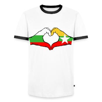 Bulgaria Myanmar Flag Hands Heart Shape - Men's Ringer Shirt - white/black - Front - AI Model Female 172 light (172cm) & AI Model Male 178 dark (178cm)