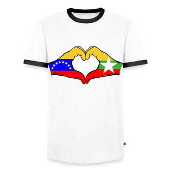 Venezuela Myanmar Flag Hands Heart Shape - Men's Ringer Shirt - white/black - Front - AI Model Female 172 light (172cm) & AI Model Male 178 dark (178cm)