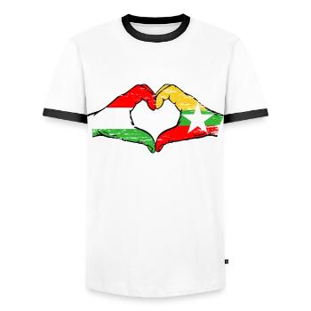 Hongrie Myanmar drapeau mains forme de coeur utilisé - T-shirt contrasté Homme - blanc/noir - Devant - AI Model Female 172 light (172cm) & AI Model Male 178 dark (178cm)