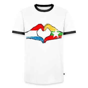 Mains de drapeau du Luxembourg Myanmar en forme de coeur utilisé - T-shirt contrasté Homme - blanc/noir - Devant - AI Model Female 172 light (172cm) & AI Model Male 178 dark (178cm)