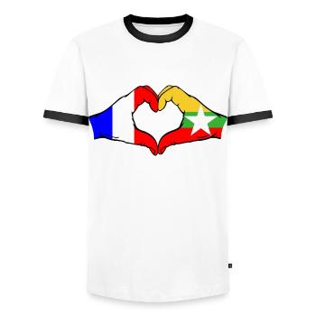 France Myanmar Flag Hands Heart Shape - Men's Ringer Shirt - white/black - Front - AI Model Female 172 light (172cm) & AI Model Male 178 dark (178cm)