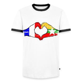 Frankreich Myanmar Flagge Hände Herzform used - Männer Kontrast-T-Shirt - Weiß/Schwarz - Vorne - AI Model Female 172 light (172cm) & AI Model Male 178 dark (178cm)