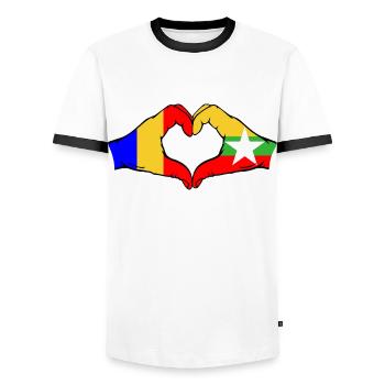 Romania Myanmar Flag Hands Heart Shape - Men's Ringer Shirt - white/black - Front - AI Model Female 172 light (172cm) & AI Model Male 178 dark (178cm)