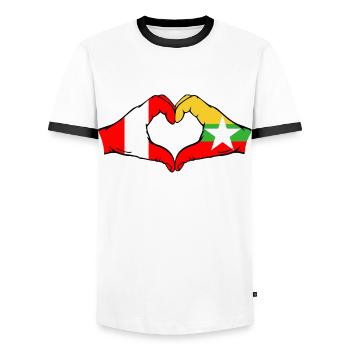 Peru Myanmar Flag Hands Heart Shape - Men's Ringer Shirt - white/black - Front - AI Model Female 172 light (172cm) & AI Model Male 178 dark (178cm)