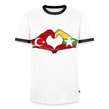 Turquie Myanmar drapeau mains forme de coeur utilisé - T-shirt contrasté Homme - blanc/noir - Devant - AI Model Female 172 light (172cm) & AI Model Male 178 dark (178cm)