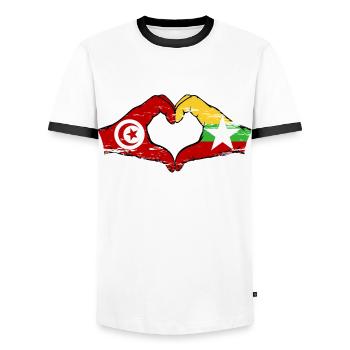 Tunisie Myanmar drapeau mains forme de coeur utilisé - T-shirt contrasté Homme - blanc/noir - Devant - AI Model Female 172 light (172cm) & AI Model Male 178 dark (178cm)