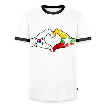 Corée du Sud Myanmar drapeau mains forme de coeur utilisé - T-shirt contrasté Homme - blanc/noir - Devant - AI Model Female 172 light (172cm) & AI Model Male 178 dark (178cm)
