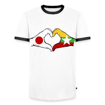 Japan Myanmar Flag Hands Heart Shape - Men's Ringer Shirt - white/black - Front - AI Model Female 172 light (172cm) & AI Model Male 178 dark (178cm)