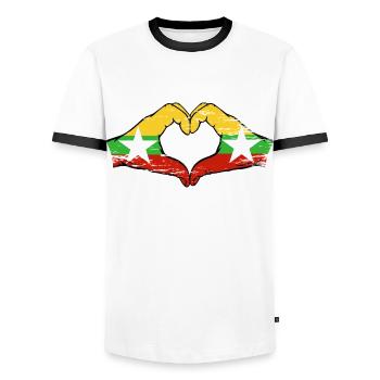 Myanmar flag hands heart shape used - Men's Ringer Shirt - white/black - Front - AI Model Female 172 light (172cm) & AI Model Male 178 dark (178cm)