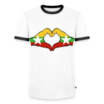 Myanmar Flag Hands Heart Shape - Men's Ringer Shirt - white/black - Front - AI Model Female 172 light (172cm) & AI Model Male 178 dark (178cm)