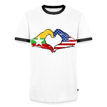 Myanmar États-Unis drapeau mains forme de coeur utilisé - T-shirt contrasté Homme - blanc/noir - Devant - AI Model Female 172 light (172cm) & AI Model Male 178 dark (178cm)