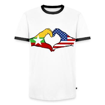 Myanmar USA Flag Hands Heart Shape - Men's Ringer Shirt - white/black - Front - AI Model Female 172 light (172cm) & AI Model Male 178 dark (178cm)