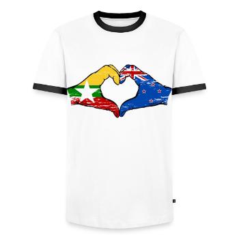 Myanmar Nouvelle-Zélande drapeau mains forme coeur utilisé - T-shirt contrasté Homme - blanc/noir - Devant - AI Model Female 172 light (172cm) & AI Model Male 178 dark (178cm)