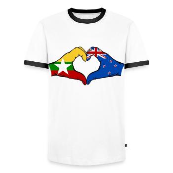 Myanmar Nouvelle-Zélande Drapeau Mains Coeur Forme - T-shirt contrasté Homme - blanc/noir - Devant - AI Model Female 172 light (172cm) & AI Model Male 178 dark (178cm)