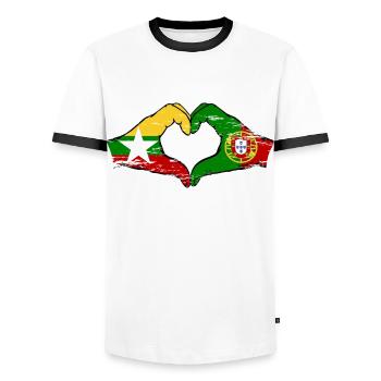 Myanmar Portugal drapeau mains forme de coeur utilisé - T-shirt contrasté Homme - blanc/noir - Devant - AI Model Female 172 light (172cm) & AI Model Male 178 dark (178cm)