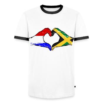 Hollande Jamaïque Drapeau Mains Coeur Forme Utilisé - T-shirt contrasté Homme - blanc/noir - Devant - AI Model Female 172 light (172cm) & AI Model Male 178 dark (178cm)