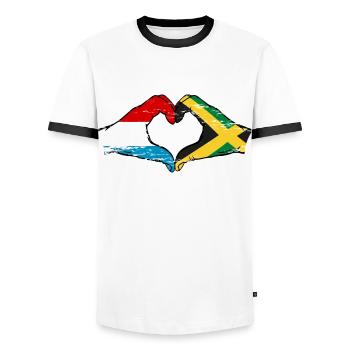 Luxembourg Drapeau de la Jamaïque mains forme de coeur utilisé - T-shirt contrasté Homme - blanc/noir - Devant - AI Model Female 172 light (172cm) & AI Model Male 178 dark (178cm)
