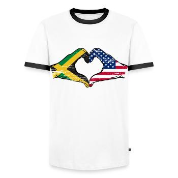 Jamaïque États-Unis Mains Forme de coeur Utilisé - T-shirt contrasté Homme - blanc/noir - Devant - AI Model Female 172 light (172cm) & AI Model Male 178 dark (178cm)