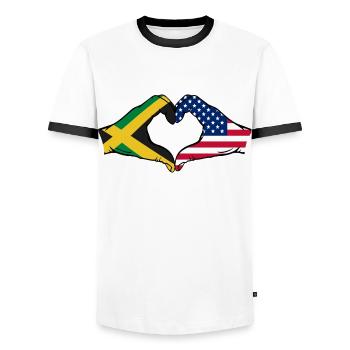 Jamaïque États-Unis Mains Forme de coeur - T-shirt contrasté Homme - blanc/noir - Devant - AI Model Female 172 light (172cm) & AI Model Male 178 dark (178cm)
