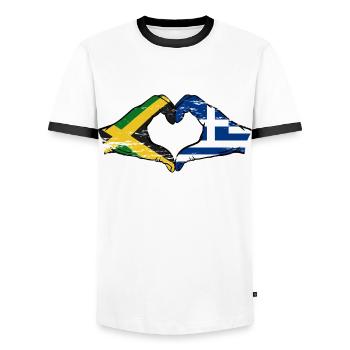 Jamaica Greece Hands Heart Shape Used - Men's Ringer Shirt - white/black - Front - AI Model Female 172 light (172cm) & AI Model Male 178 dark (178cm)
