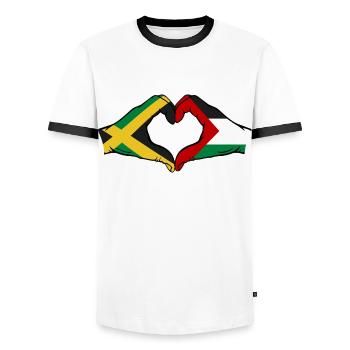 Jamaïque Palestine Mains Forme de coeur - T-shirt contrasté Homme - blanc/noir - Devant - AI Model Female 172 light (172cm) & AI Model Male 178 dark (178cm)
