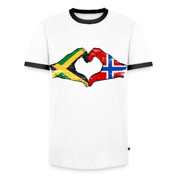 Jamaica Norway Hands Heart Shape Used - Men's Ringer Shirt - white/black - Front - AI Model Female 172 light (172cm) & AI Model Male 178 dark (178cm)