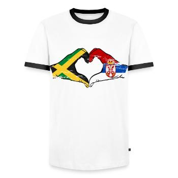 Jamaïque Serbie Mains Forme de Coeur Utilisé - T-shirt contrasté Homme - blanc/noir - Devant - AI Model Female 172 light (172cm) & AI Model Male 178 dark (178cm)