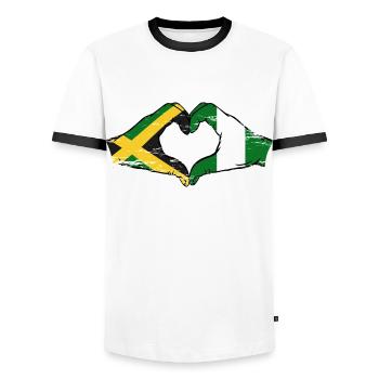 Jamaïque Nigeria Mains Forme de coeur Utilisé - T-shirt contrasté Homme - blanc/noir - Devant - AI Model Female 172 light (172cm) & AI Model Male 178 dark (178cm)